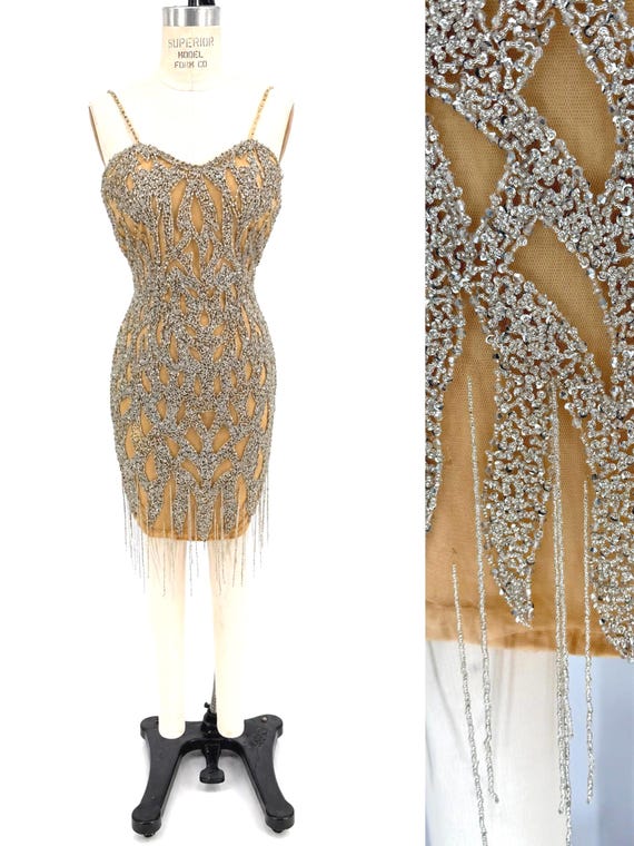 glittering hand-beaded cocktail dress Sz 4//silver Rhinestone Fringe Cocktail Dress//intricate Beaded Straps