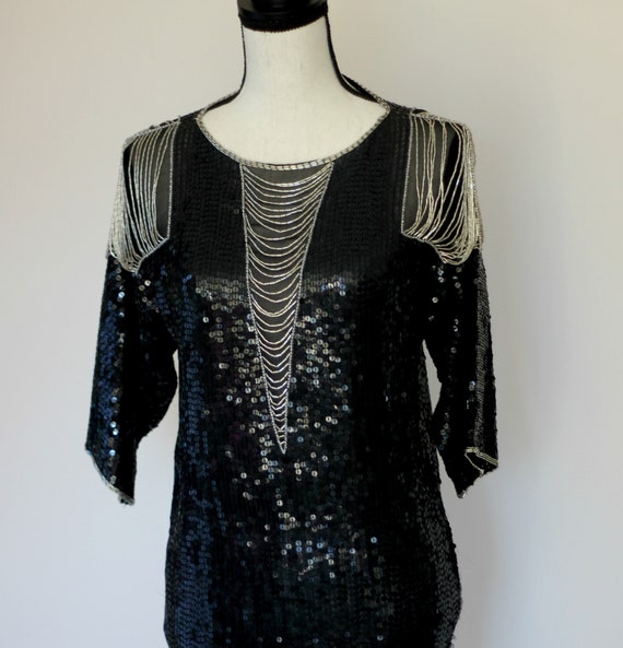 Sz XS//Cache Art Deco Beaded Sequined Tunic with … - image 6