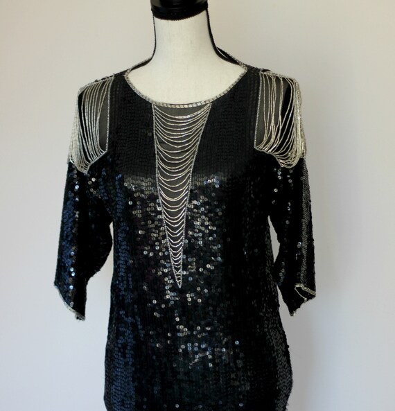 Sz XS//Cache Art Deco Beaded Sequined Tunic with … - image 7