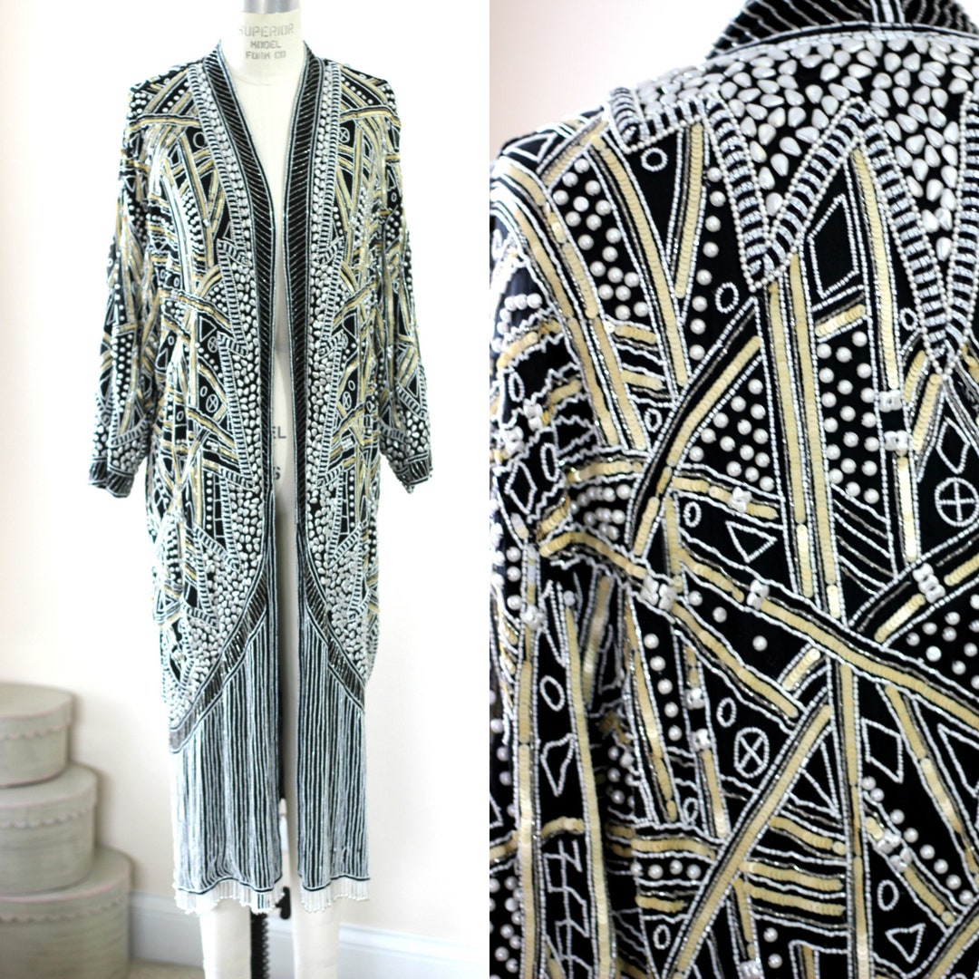 Sz L//dramatic Gatsby Sequin Beaded Duster//pearl Beaded Long Coat