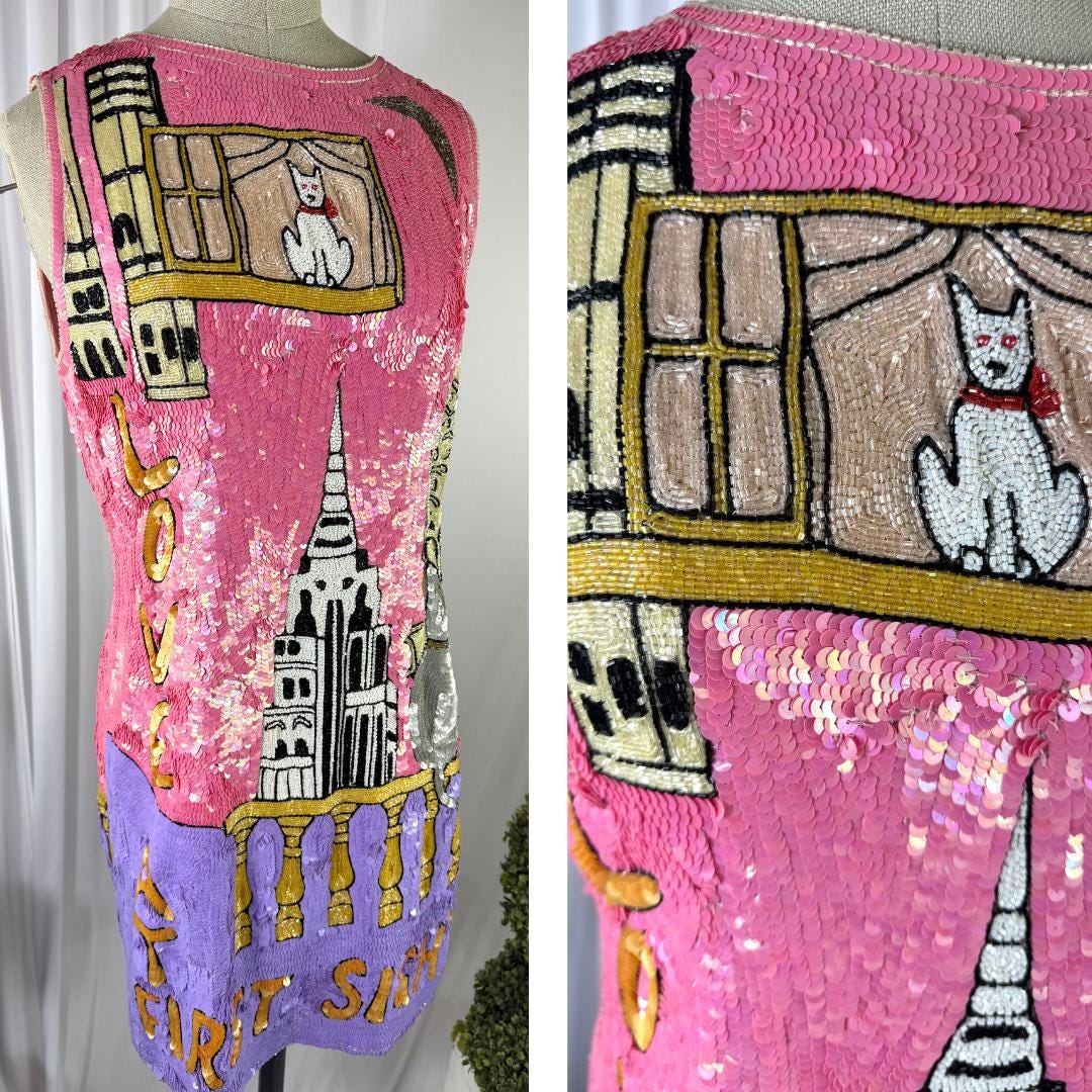 Size M//Rare Vintage Sequined NYC Landmark Dress with Cat Design// Unique and Whimsical Hand-Embellished 1980s Dress//Love At First Sight