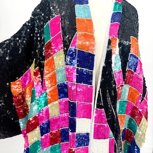 Size M//Technicolor Queen Vintage Sequin Patchwork Trophy Jacket//Festival to Broadway Statement Duster Jacket