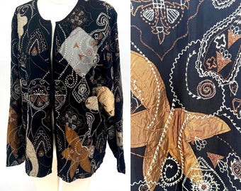 Size XL//Vintage Laura Ashley Woman Embroidered Jacket//90s Boho Folk Art Patchwork Coat// Romantic Cottagecore