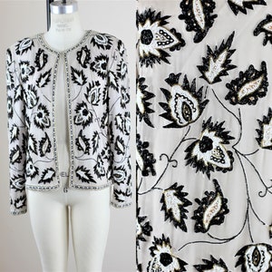 Sz M//Della Roufogali Sequin Silk Jacket//Cream Black Beaded Evening Jacket