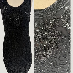 Sz XS//Black Silk Sequined Party Dress//Vintage Glam Beaded LBD
