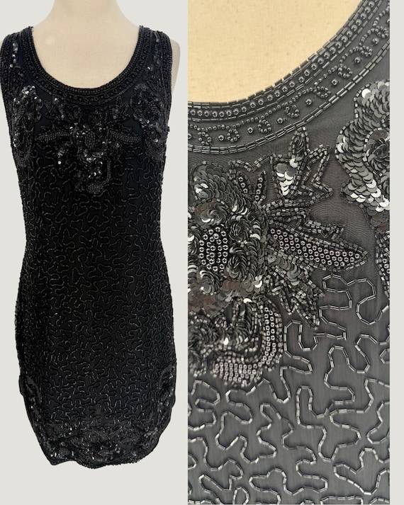 Sz Xs//black Silk Sequined Party Dress//vintage Glam Beaded
