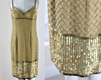 Sz 10// Gold sequin Beaded party dress// Vintage sequin beaded