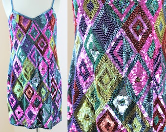 Talla 6 // Fabuloso vestido con lentejuelas y cuentas // Vestido de cóctel de seda con diseño geométrico colorido