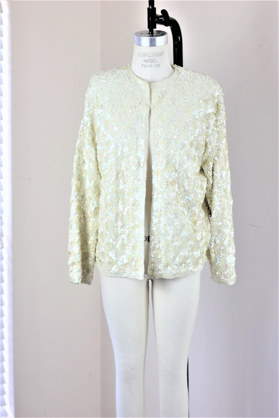 Sz L// Heavily beaded sequined Ivory Jacket// Wed… - image 2