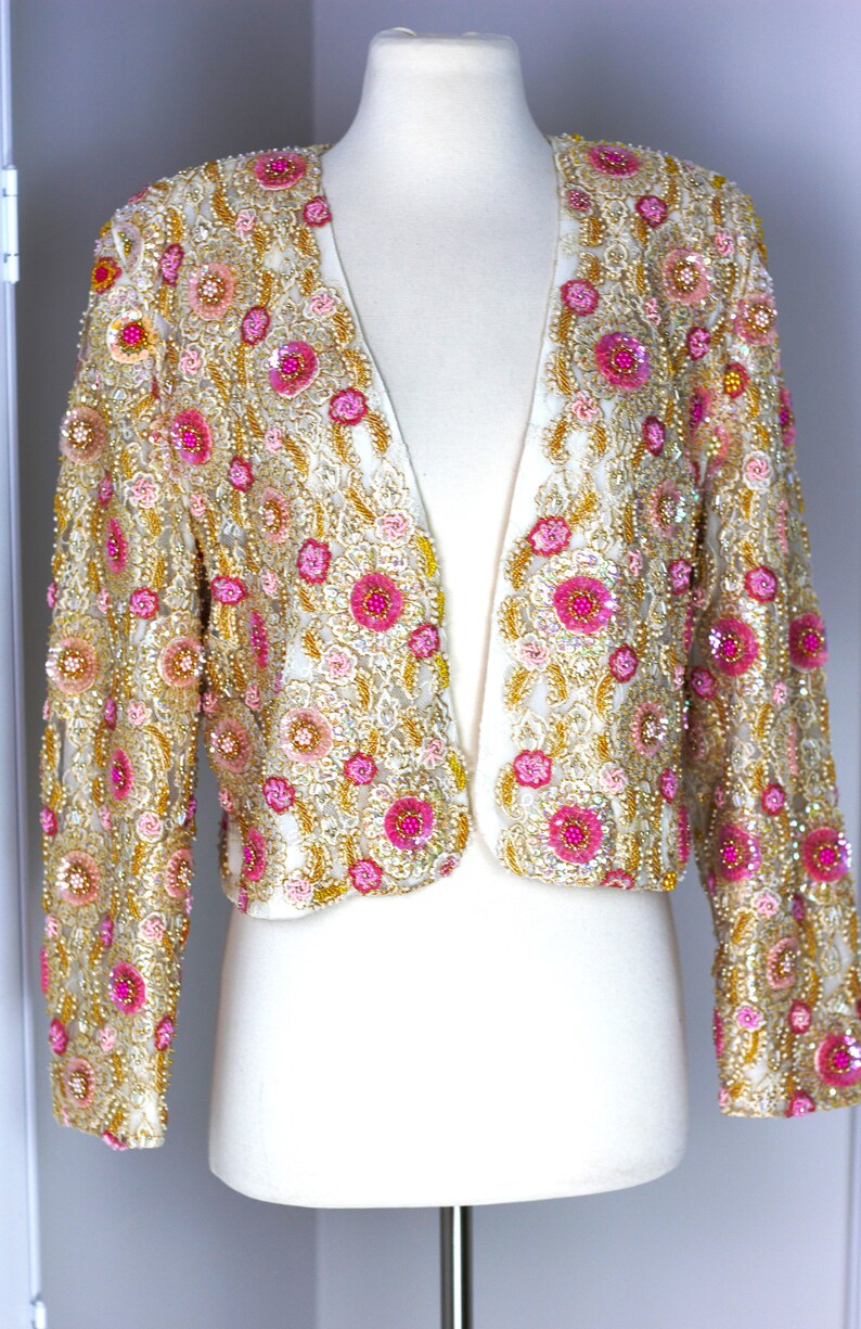 Sz s/m// With tags Hand beaded Vintage bolero jacket// Stunning pearls sequins image 5