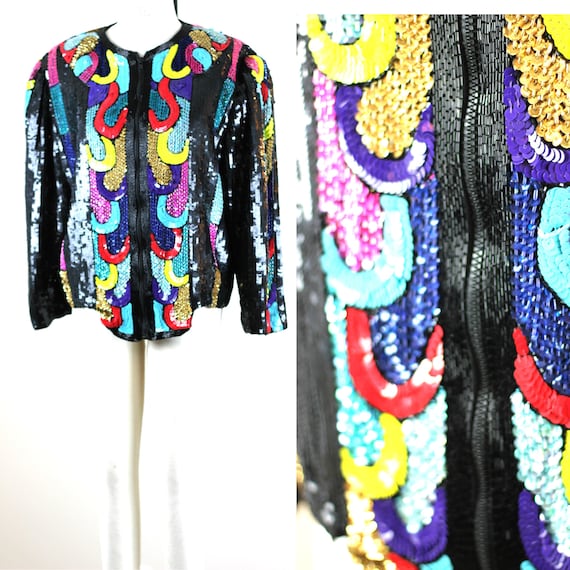 Sz M Sequin Colorful Bomber Jacket Sequin Beaded Zip Up Etsy Ireland