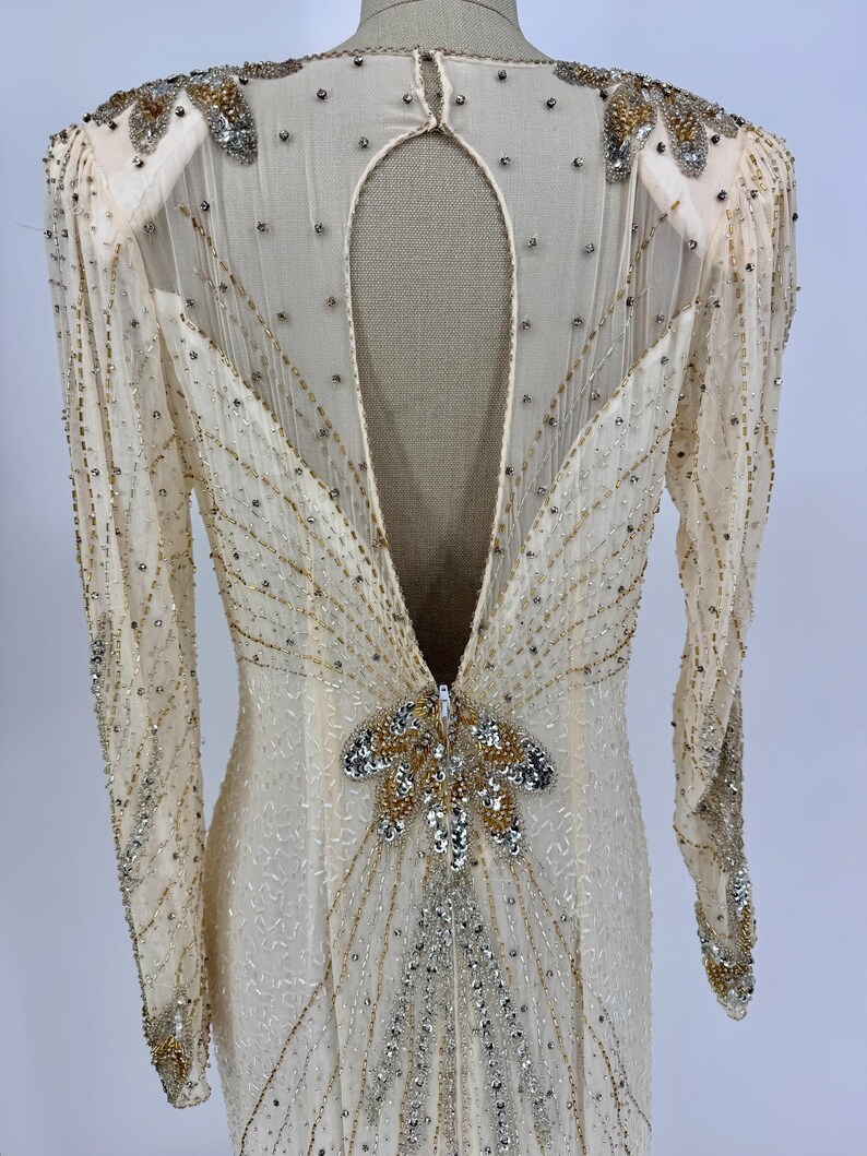 Sz 12//80er Jahre Perlen Paillettenkleid//Art Deco Abendkleid//Old Hollywood Glam//Vintage Brautmutterkleid Bild 8