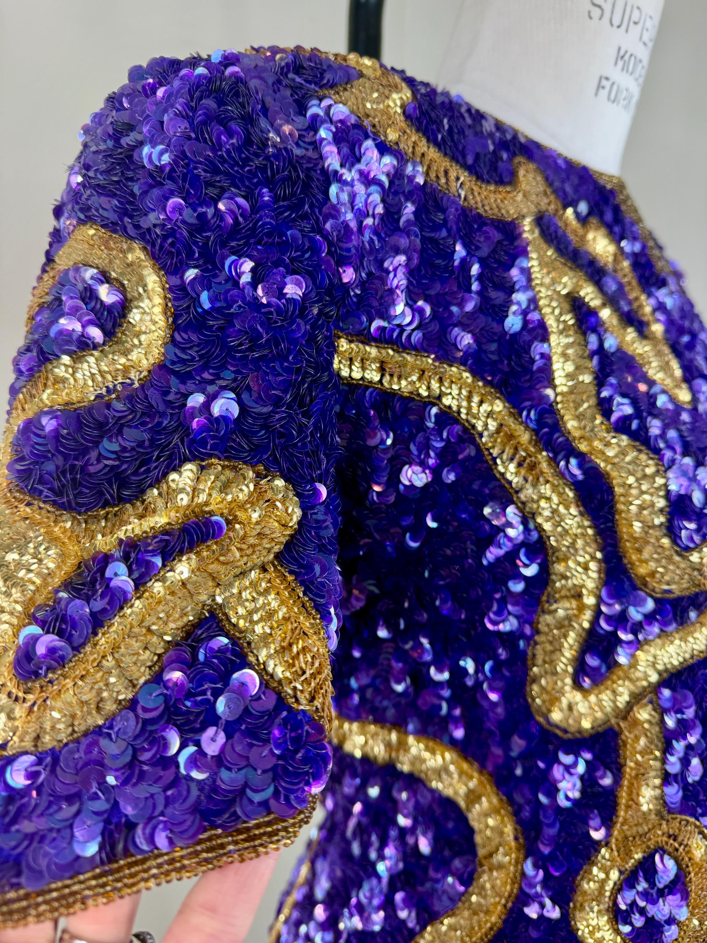 Size L//purple Sequin Cocktail Dress With Gold Glam Dress//bold Gold Abstract Beaded Party Dress