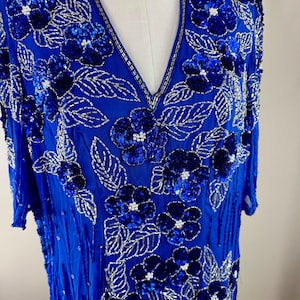 Size M//Rare Royal Blue Beaded 60’s Dress//Vintage Gem Sequin Floral Pattern Dress