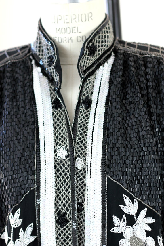 Sz L//STUNNING Black White Duster Kimono// Sequin… - image 3