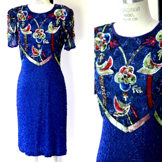 Sz M//Beautiful Vintage Sequin colorful beaded dr… - image 1