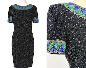 Vintage Black Beaded Dress, Cobalt Blue Emerald Green Cocktail Party Evening Sheath Dress NWT (Sz 10)