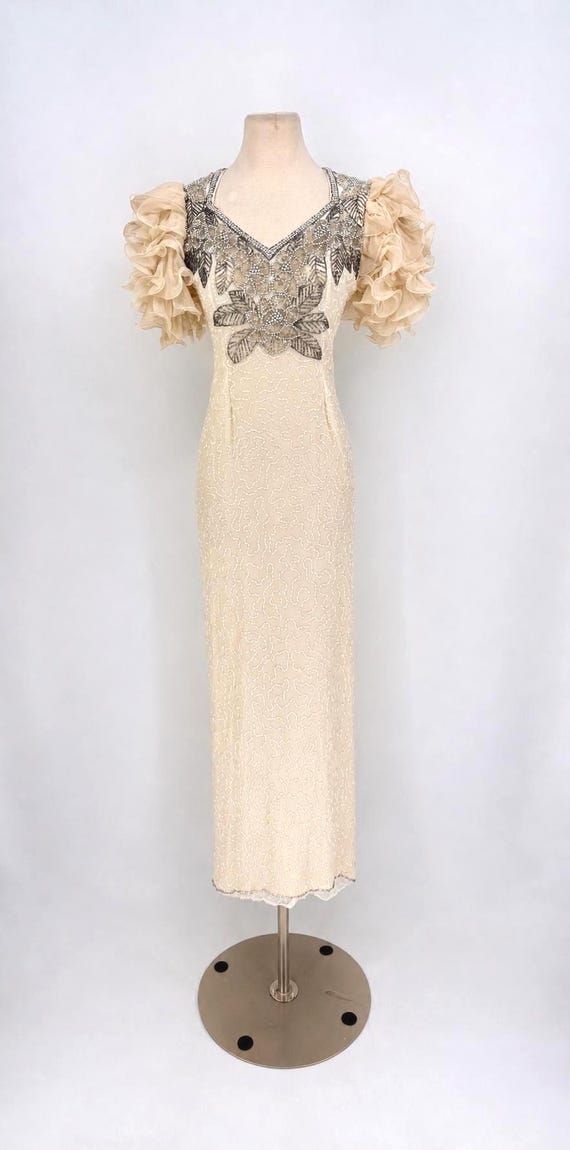Vintage Ivory Beaded Evening Dress: Puff Sleeve Wedding Dress, Art Deco 80s  Silk Beaded Ruffle Sleeve Formal Dress (sz S) - Etsy