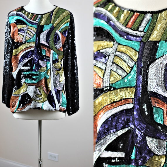 Sz L//Modern Art Abstract Sequins Face Top// Sequ… - image 1