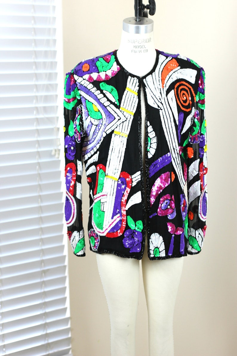 Size L//Abstract Beaded Sequin jacket// Novelty Guitar Music// Vintage image 9