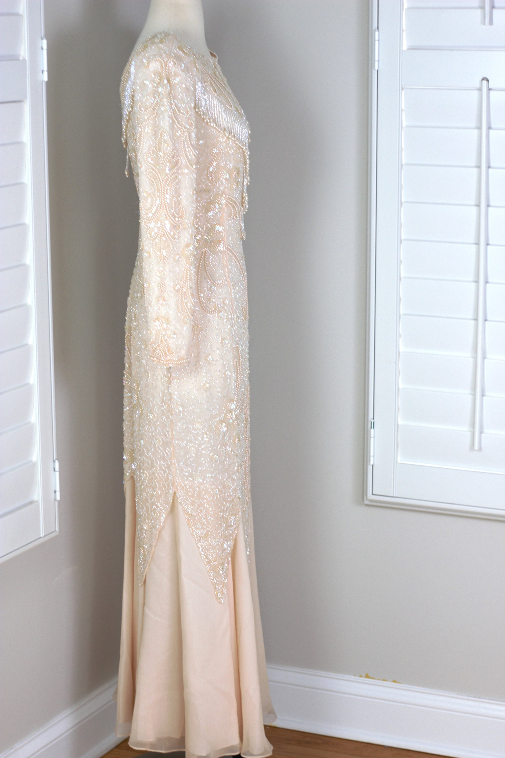 Sz 6//champagne Sequin Gown With Draped Bead Tassels//elegant Couture Beaded  Vintage Pearl Beaded Dress With Chiffon