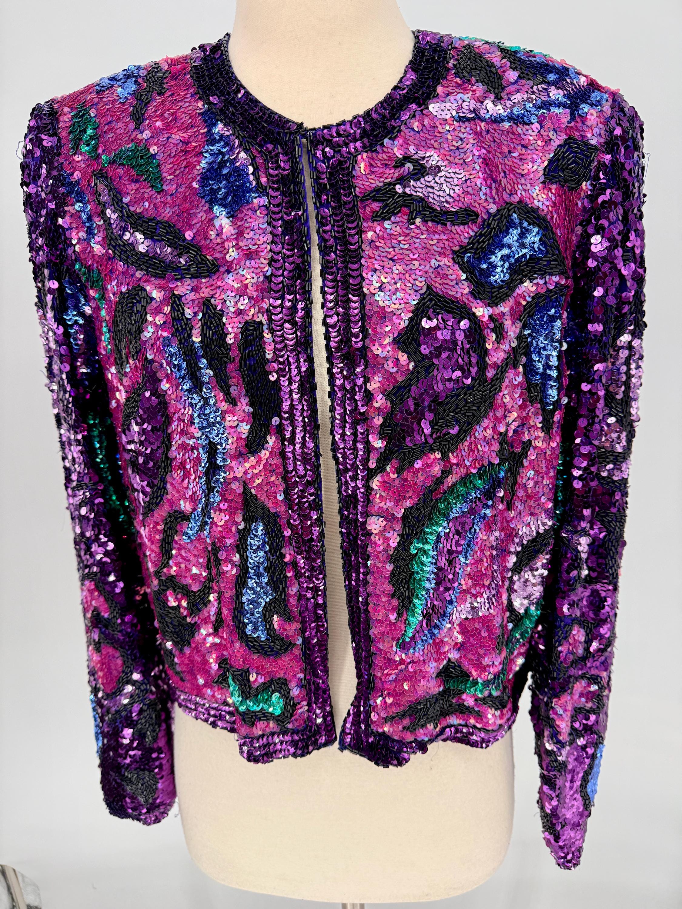 Size L//80s Magenta Purple Beaded Glam Jacket//bold Abstract