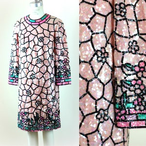 Sz S// 1960s Pink Beaded Sequin Dress// Stained Glass Look//All Sequined Dress