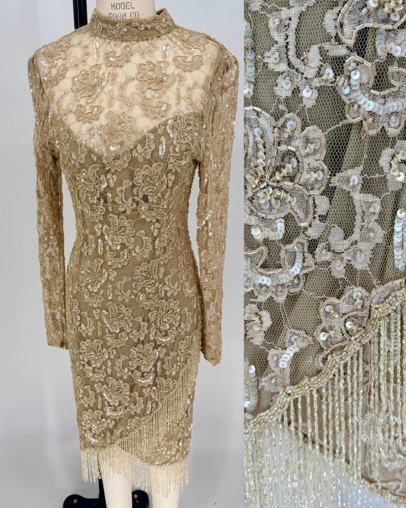 sequin lace vintage dress Lace-Up Long Beaded Nude Prom Dress with Silver Fringe Silver/Nude / 16