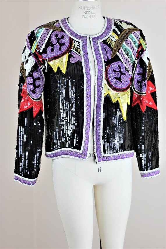 Sz M// Beautiful Vtg Beaded sequined Jacket// Cro… - image 5
