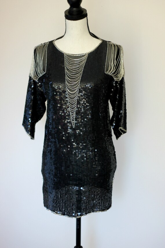 Sz XS//Cache Art Deco Beaded Sequined Tunic with … - image 4