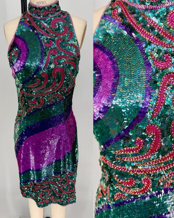 Vintage Sequin Cocktail Dress, 80s High Neck Party Dress, Purple Green Iridescent Mini Dress, Holiday Event Dress, Wedding Guest Outfit (L)