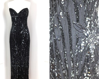 Sz 6// Bob Mackie  Black Beaded Couture Gown// Sequin silk