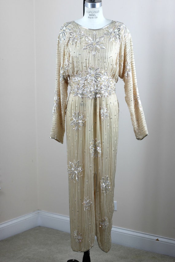 Size M//Stunning Blouson Champagne Silk Beaded We… - image 7