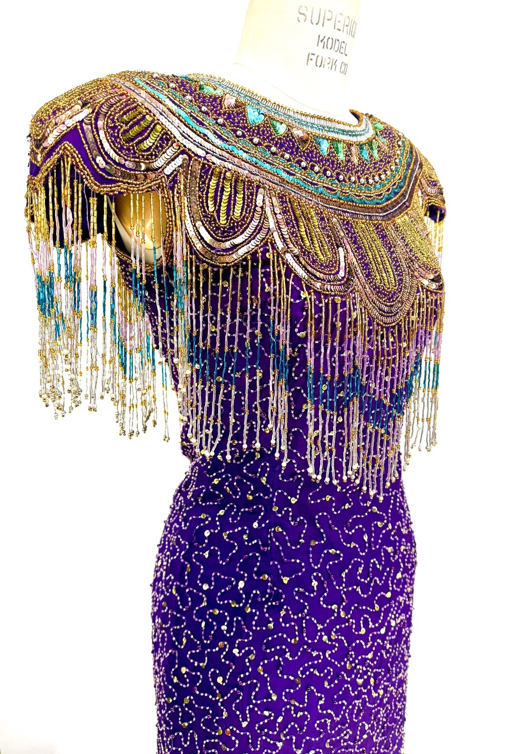 Vintage Beaded Fringe Cocktail Dress, Art Deco Gatsby Dress, 80s Purple Sequin Party Dress, Great Gatsby Outfit (sz S)