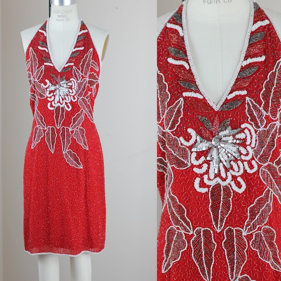 Sz L//Red Flapper Style Beaded Halter Dress//Open Back Vintage Beaded Dress