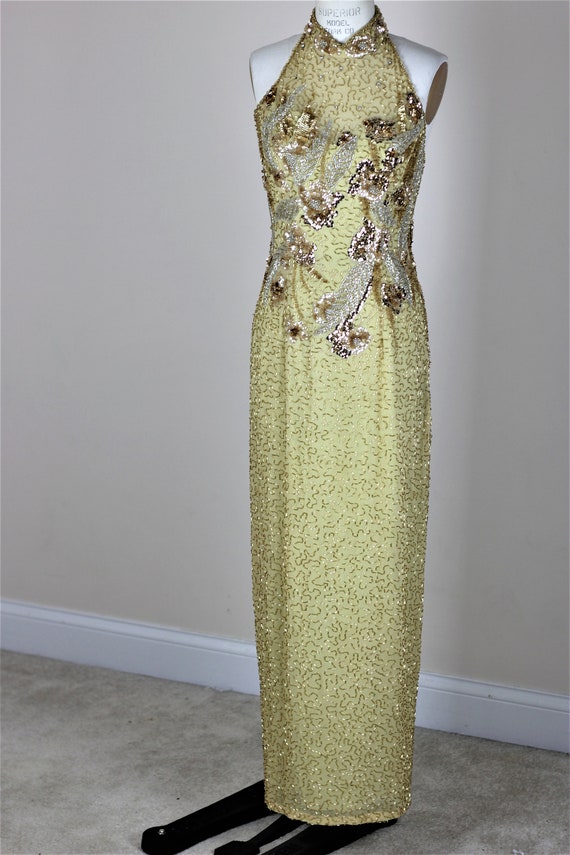 Sz 6// Vintage Beaded couture dress// Long gold g… - image 5