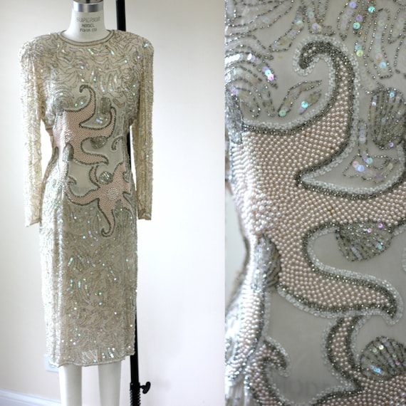 princess polly baby blue dress Gianni Versace S/S 1992 Printed silk and beaded 'Sea Shell' evening dr main image 1