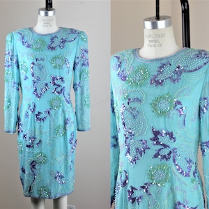 Sz 10//Vintage Purple and Blue Sequin Beaded Silk Dress//Beautiful True Vintage Long Sleeve Dress