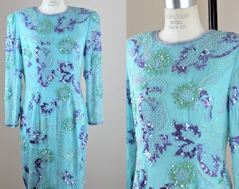 Sz 10//Vintage Purple and Blue Sequin Beaded Silk Dress//Beautiful True Vintage Long Sleeve Dress
