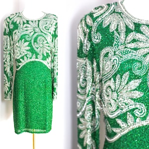 Sz 10//Vintage Green Silver Sequin Long Sleeve Dress//Black Tie Silk 80&#39;s Christmas Green dress