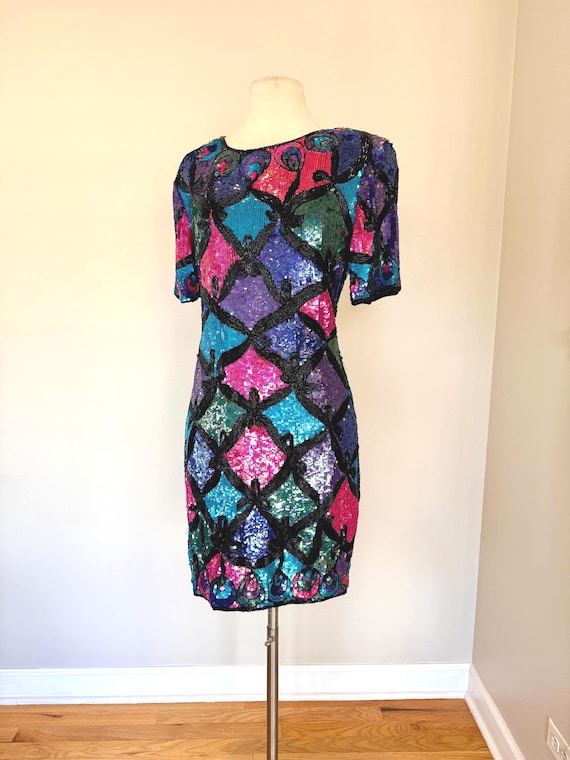 peacock sequin mini dress Ashley Lauren 4500 Size 4 Peacock short cocktail dress formal beaded sequin