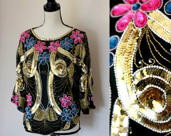 Sz M// All Silk Art Nouveau Style Vintage Sequined Beaded Blouse Art Deco Gatsby Flapper 20s