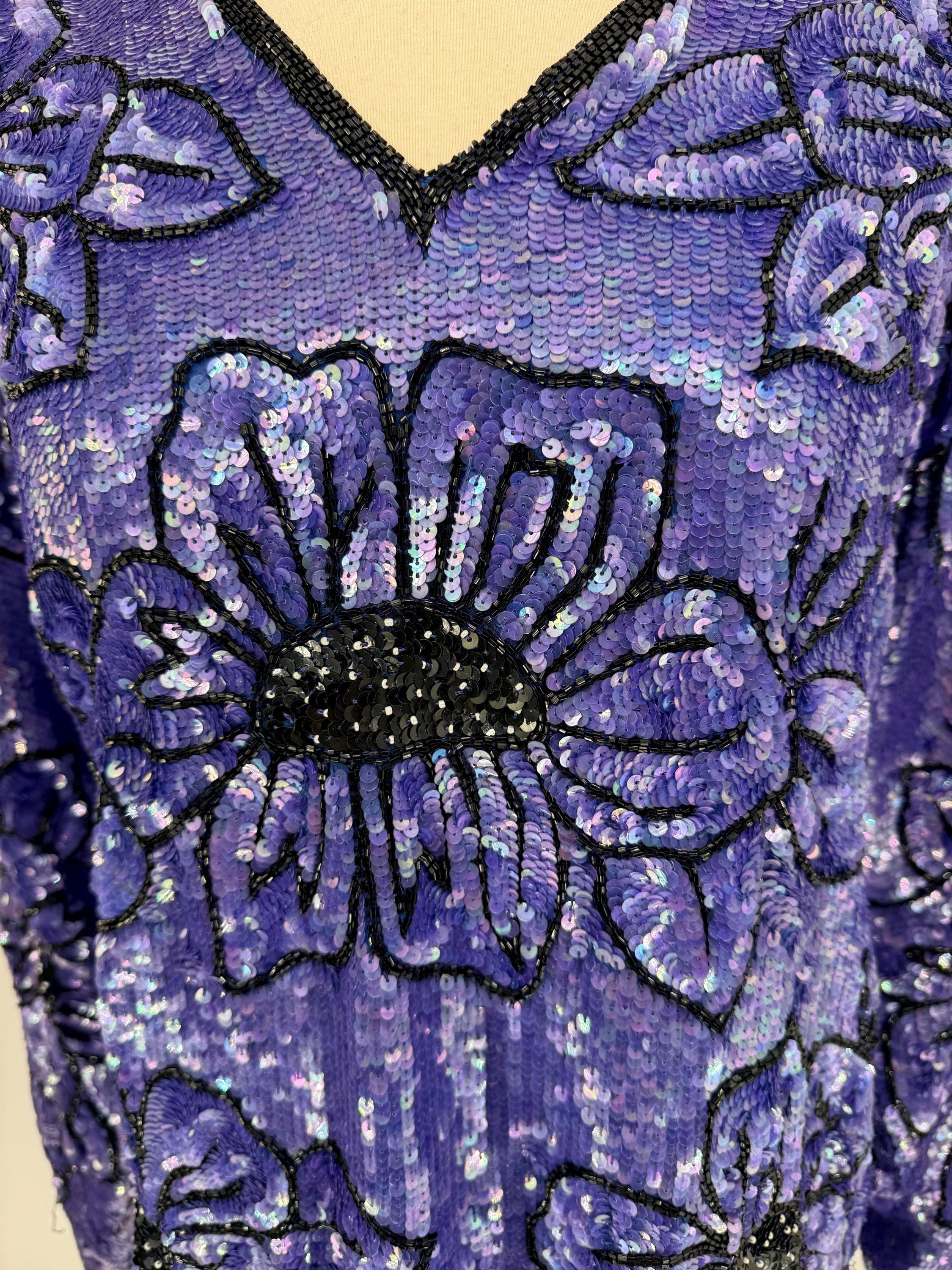 トップス FV-4148 Sz L//vintage Purple Floral Sequin Top//long Sleeve Sequin With
