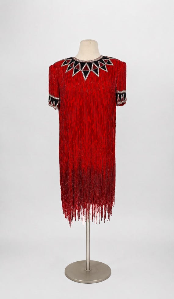 red beaded fringe dress Vintage Bob Mackie Cocktail Dress, Designer Art Deco Sequin Dress, Collectible Formal Party (sz 8) Xaqiouau Women Deep V‑Neck color:Icy Pink Simple Wedding Dresses With Sleeves Homecoming dress neck mini dress with