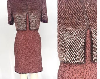 Vintage jurk met kralen en kort jasje, illusie-effect, wijnrode cocktailjurk met pailletten, moeder van de bruid, feestjurk voor de feestdagen (maat M)