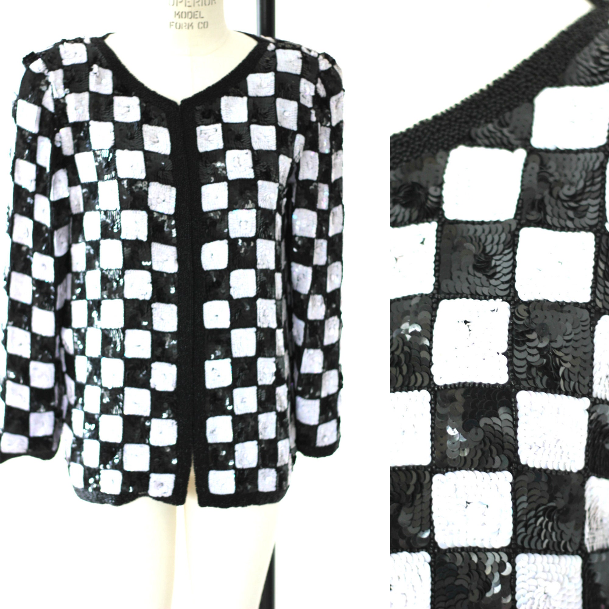Sz M//vintage Black & White Sequin Checkerboard Jacket//bold