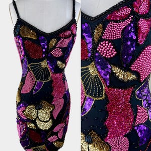 S//Vintage Sequin Beaded Cocktail Dress//80s Glam Party Dress with Gold, Fuchsia & Purple Beading