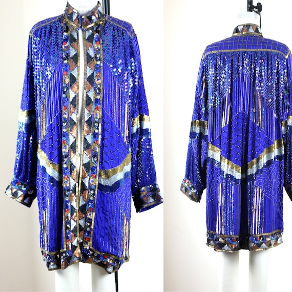 Sz L// Blue Sequin Beaded Jeweled Long Jacket// D… - image 1