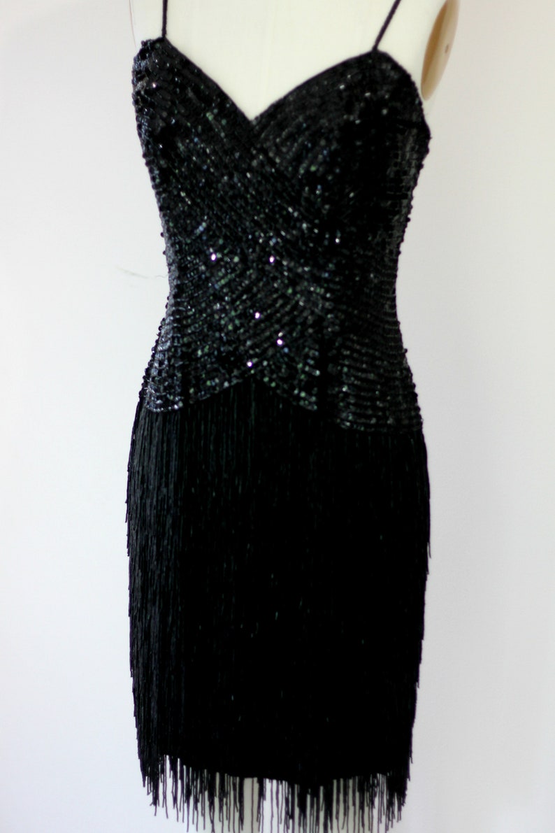 Heavily Beaded Black Fringe Gatsby party Dress Formal sequined