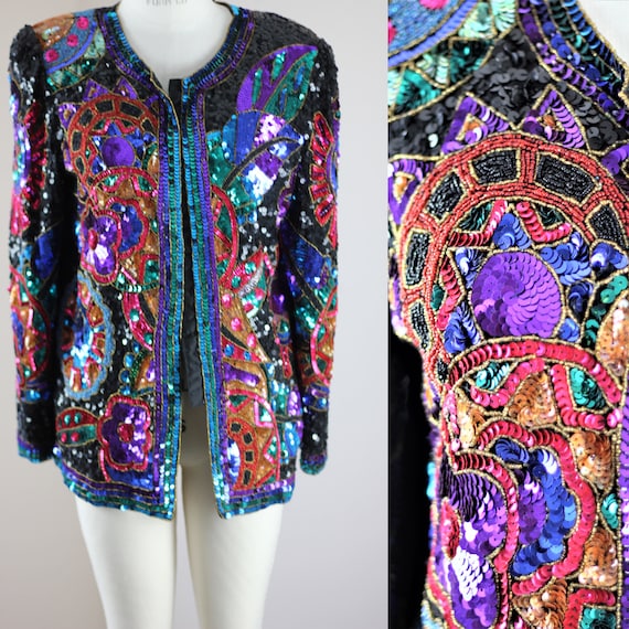 Sz 6// Heavily Sequined Beaded jacket// Jewel tone